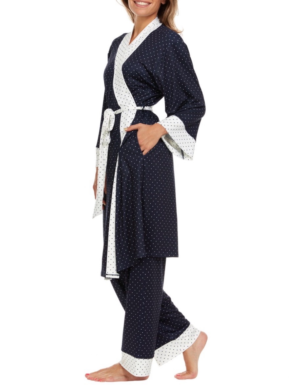 Navy Polka Dot Wrap Robe with Contrast Trim - Women's Intimates